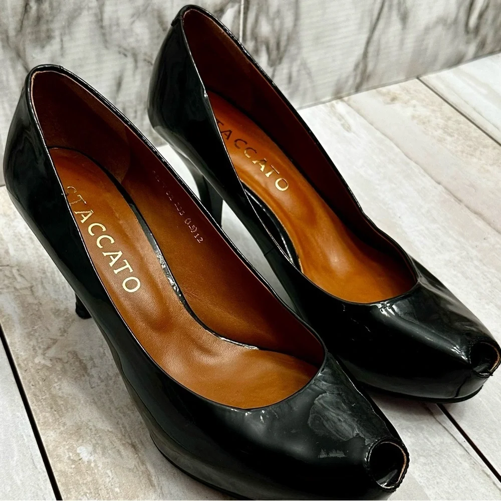 Staccato Patent Leather Glossy Black Peep Toe Heel Shoes Sexy Office Siren Chic